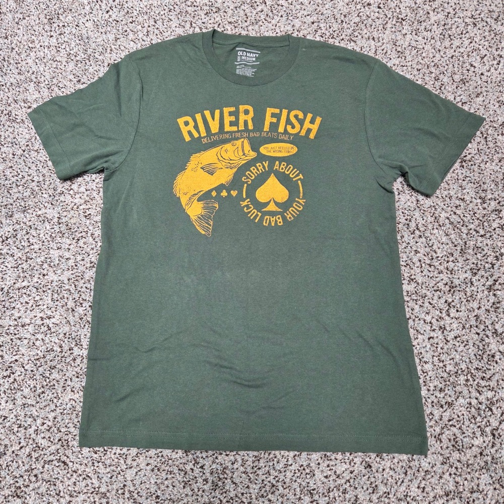 Old Navy River Fish Graphic T-Shirt Delivering Fresh Beats Olive Green Medium